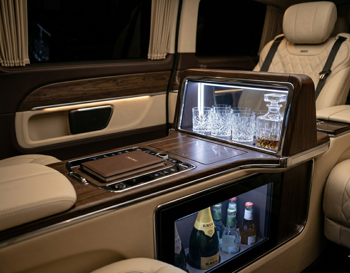 Custom centre console with chiller and bar in luxury car