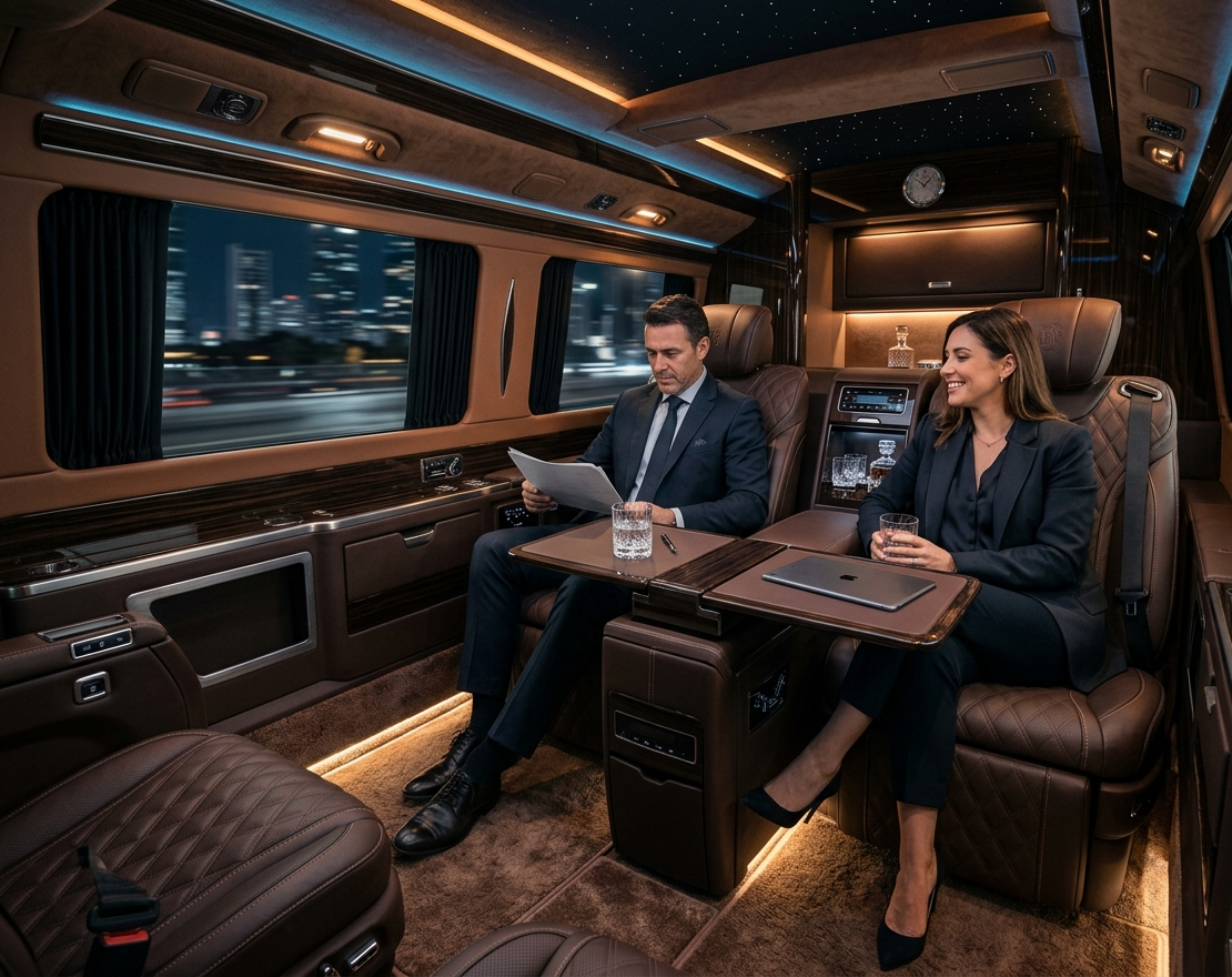 VIP lounge car interior with entertainment system