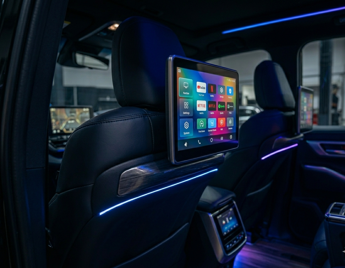 Rear entertainment screen and audio system in luxury car