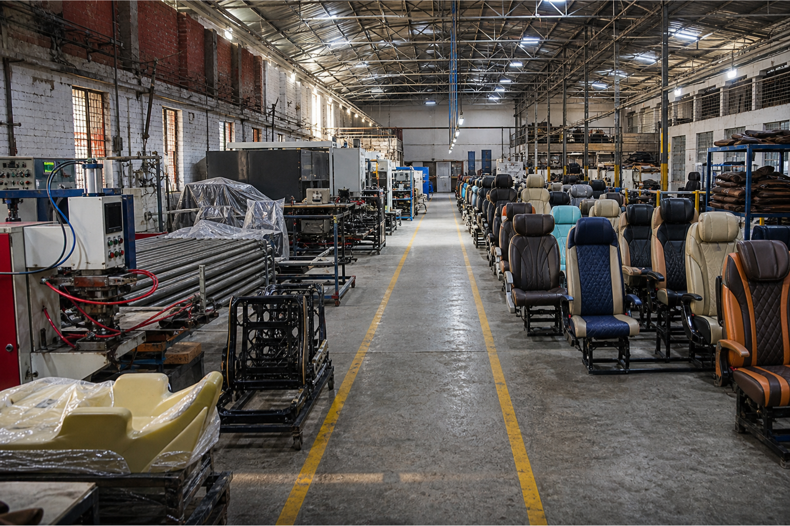 SunAutoCrafts factory floor Neemrana — bus seat and van modification manufacturing